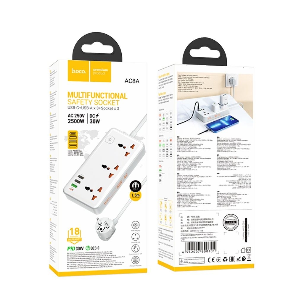     Hoco AC8A, 3 USB, 1 Type-C, PowerDelivery (30 ), QuickCharge, 3 , 150 , 