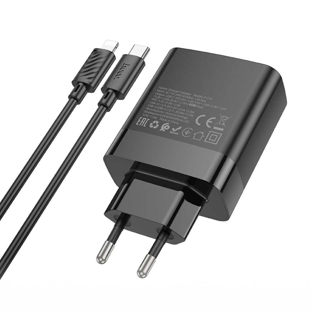    Hoco C127A, 3 USB, Type-C PD45W, ,   Type-C  Lightning