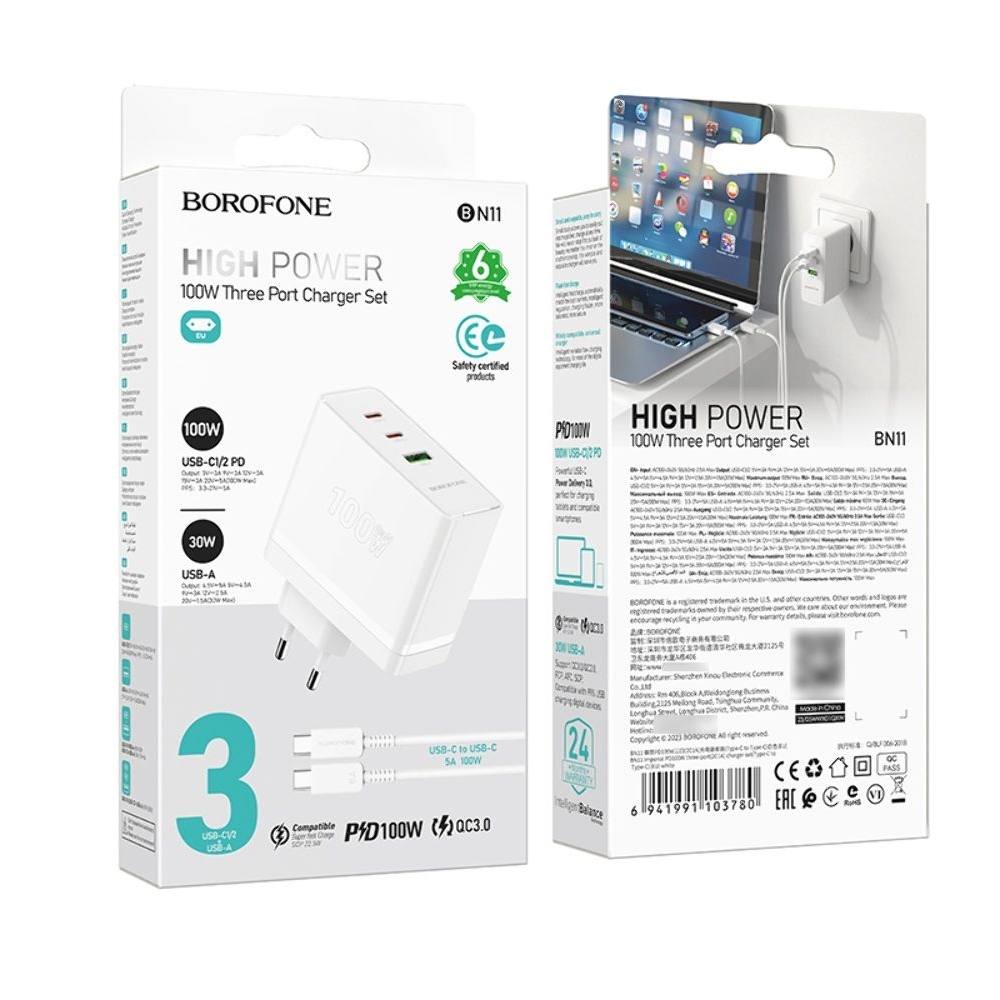    Borofone BN11, 1 USB, 2 Type-C, PowerDelyvery (100 ), ,    Type-C  Type-C