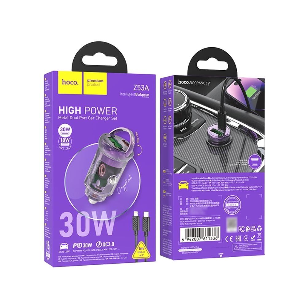    Hoco Z53A USB/ Type-C, Power Delivery (30 ), Quick Charge, transparent purple +  Type-C  Lightning | ,  