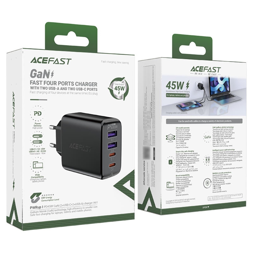    Acefast A61 2, 1 USB, 2 Type-C, Quick Charge, Power Delivery (45 ) 