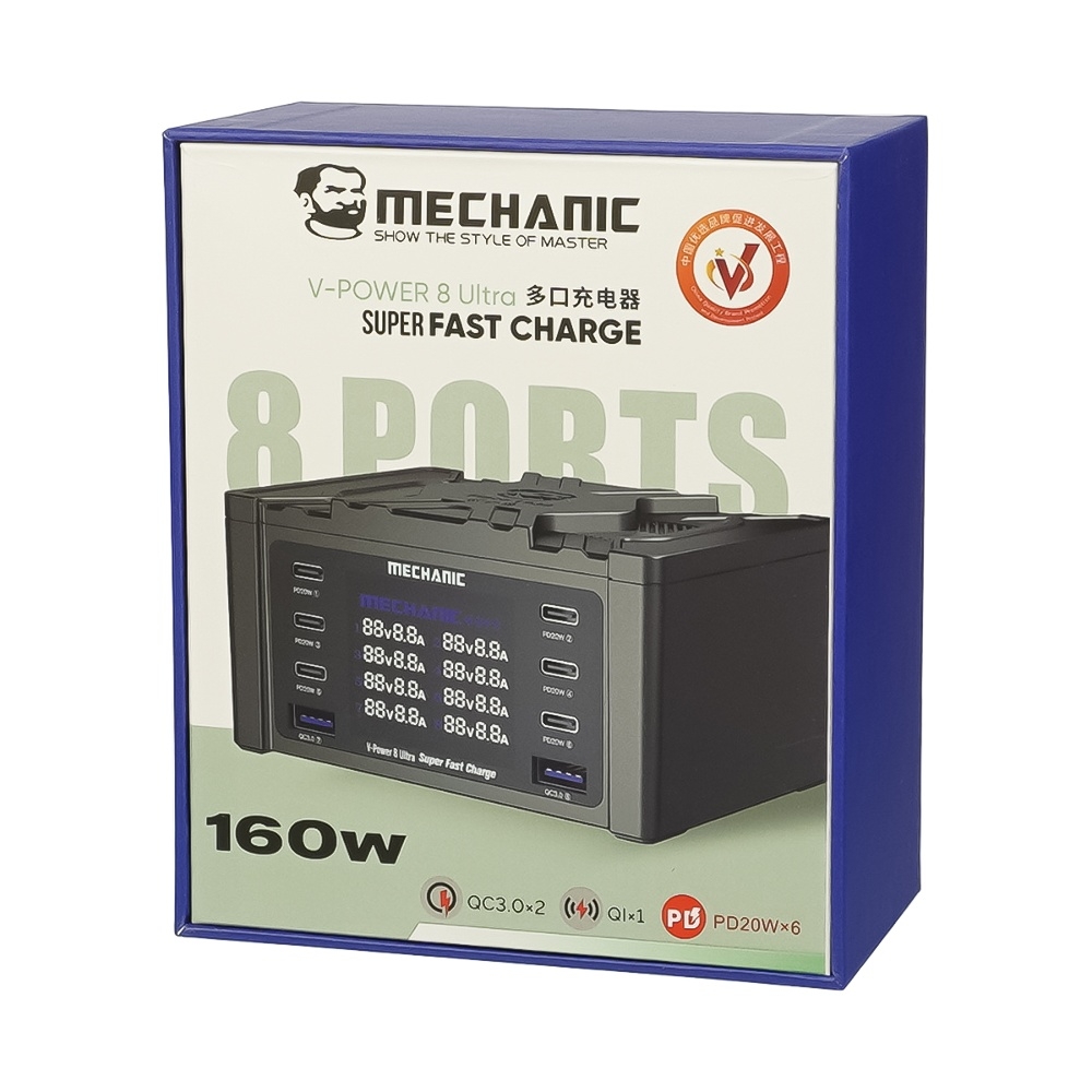       Mechanic V- Power 8 Ultra 160W (6 Type C - PD 20W/ 2 USB QC 3A/ Wireless charging 15W)